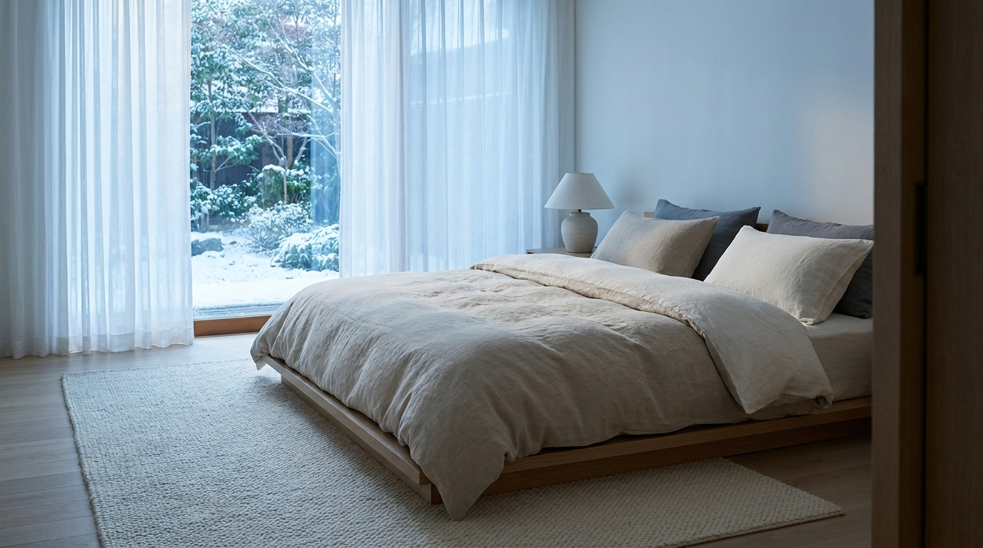 Bedroom styled with linen bedding