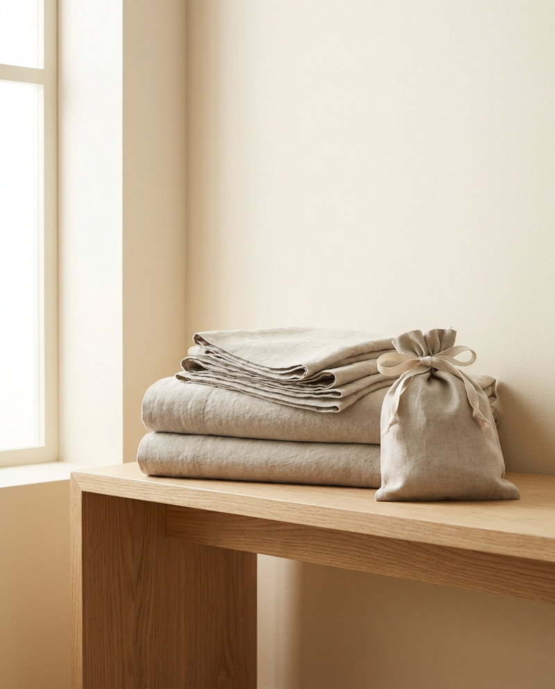 Folded stonewashed linen flat sheets